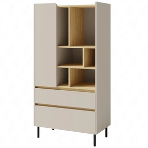 Knihovna se zásuvkami Paguro 80 cm pískově béžová / olejovaný dub elegantní design stabilní vysoké nohy knihovna s dvířky a zásuvkami