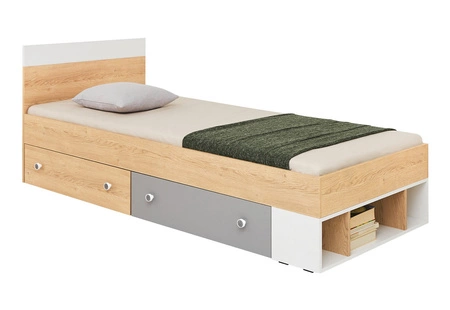 Postel se zásuvkami Pixel 90x200 cm dub biscuit / bílá / šedá moderní design lemování postele se speciální ABS dýhou