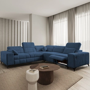 Rohová sedačka s funkcí spaní Penejos III Lux modrá pravá pohodlná rohová sedačka do obývacího pokoje s výsuvnou podnožkou kontejner na ložní prádlo