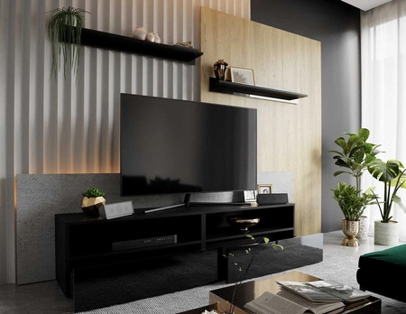 Plisii 172 cm černá / lesklá černá RTV skříňka se závěsem a policemi stylový design, který se hodí do každého interiéru