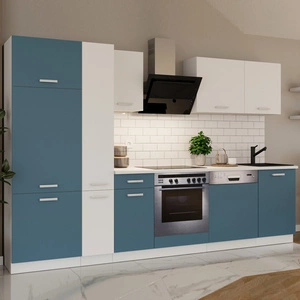 Kuchyňská sestava Toni 300 cm bílá / mořská s pracovní deskou vypadá skvěle v moderních interiérech