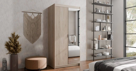 Šatní skříň Rene 90 cm dub sonoma klasický design jednoduchý tvar ideální šatní skříň se zrcadlem do ložnice nebo předsíně hrany s povrchovou úpravou ABS