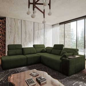 Rohová sedací souprava s funkcí spaní Tesalia IX zelená levá moderní design pohodlný posuvný opěrák zásuvka v boku nábytku