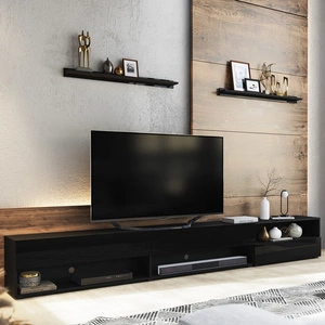 Lawrio 266 cm černá / lesklá černá RTV skříňka se závěsem a policemi stylový design, který se hodí do každého interiéru