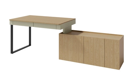 Rohový psací stůl Paguro 131 cm eukalyptus / dub baltický dune stylový psací stůl s komodou ideální do pokoje pro mládež nebo kanceláře