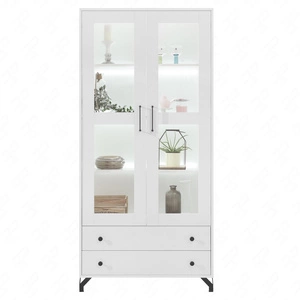 Okno Skien 90 cm lesklá bílá elegantní design jednoduchá forma nábytku obohacená o stylové kovové prvky černé nohy bezpečné skleněné prvky