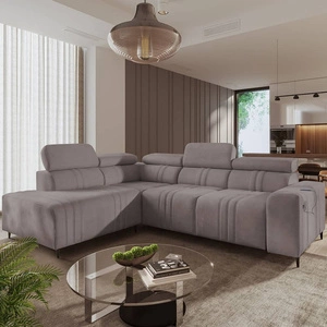 Rohová pohovka s funkcí spaní Castel VII šedohnědá levostranná stylová rohová pohovka s úložným prostorem na lůžkoviny a polohovatelnými opěrkami hlavy