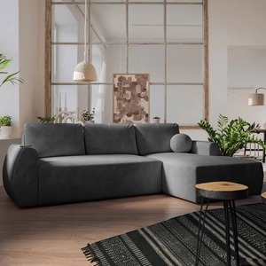 Rohová sedací souprava s funkcí spaní Colio graphite pravá strana stylová rohová sedací souprava se zajímavým tvarem velurová látka dekorativní polštář koule