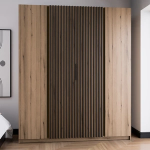 Šatní skříň Kastano XIII 200 cm dub evokuje moderní design kovové hrany úchytek dveře šatní skříně zdobené černými lamelami