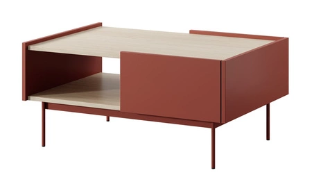 Cihlově červený konferenční stolek Vellore se zásuvkami originální design snížená horní deska v dekoru dubu poskytuje originální povrchovou úpravu