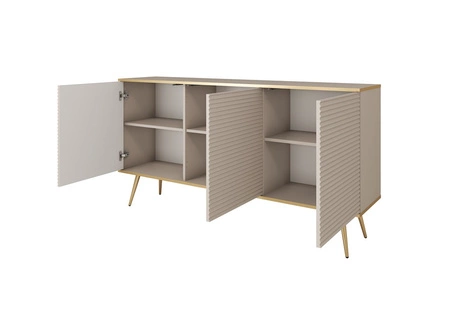 Luxusní komoda 160 cm béžová elegantní design stylová drážkovaná čela korpus komody doplněný zlatým lemováním zlaté kovové nohy