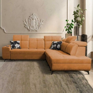 Rohová sedací souprava s funkcí spaní Buffalo IX med pravá strana Stylová rohová sedací souprava do pokoje z velurové tkaniny Dekorační polštáře