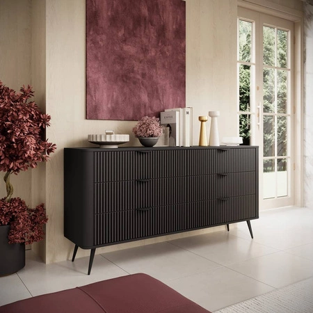 Komoda Lante 163 cm černá elegantní design oválný tvar komody na vysokých nohách vkusné rýhované čelo