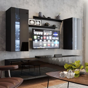 Tasos černá / černý lesk Minimalistický design nástěnné skříňky pro obývací pokoj nebo zasedací místnost Systém push to open