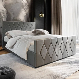 Čalouněná postel Tifton 180x200 světle šedá s úložným prostorem v moderním stylu s výrazným čelem a nohama s povrchovou úpravou krystaly