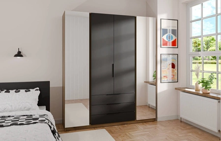 Zrcadlová šatní skříň Kastano II 200 cm dub evoke / černá klasická forma úchytky na hraně ideální šatní skříň do ložnice prostorné zásuvky