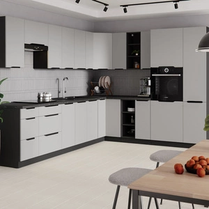 Sada rohového kuchyňského nábytku Tarraco 310x250 cm skříňky s kovovými úchytkami vypadají skvěle v moderních interiérech