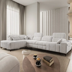 Rohová sedací souprava s funkcí spaní Penejos XI šedý jasan levá pohodlná rohová sedací souprava s nastavitelnými opěrkami hlavy a dvěma přihrádkami na lůžkoviny