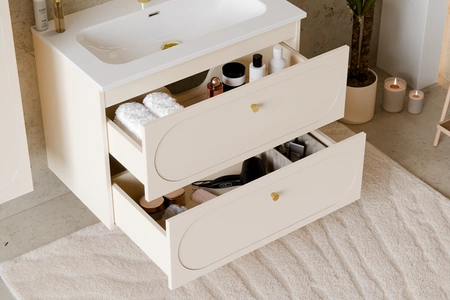 Umyvadlová skříňka Donna Sand 80 cm béžová elegantní nástěnná skříňka s ozdobným lemem zlaté úchyty z kovu