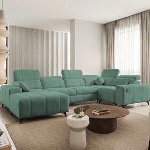 Rohová pohovka s funkcí spaní Penejos IV zelená levostranná stylová rohová pohovka se dvěma přihrádkami na lůžkoviny odolná látka