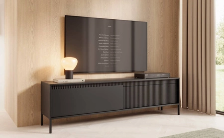 RTV skříňka Sesti 187 cm černá originální design skříňka na TV v průmyslovém stylu ideální skříňka pro odvážné aranžmá