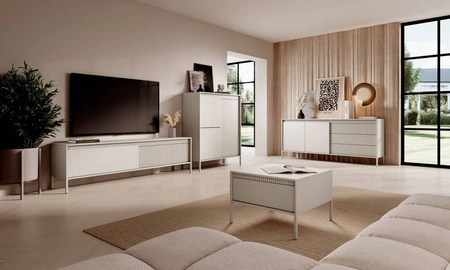 Nábytková sestava Sesti béžová moderní a originální designová nástěnná skříňka zajímavá kombinace drážkování s hladkými push-to-open čely