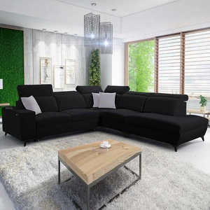 Pohovka na spaní Kelly Sleek IX černá pravá elegantní rohová pohovka s pohodlnými područkami a nastavitelnými opěrkami hlavy