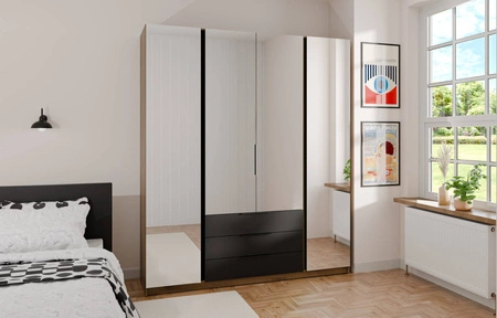 Zrcadlová šatní skříň Kastano VI 200 cm dub evoke / černá klasický tvar úchytky hrany ideální šatní skříň do ložnice prostorné zásuvky