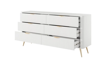 Zásuvková komoda Lante 163 cm bílá elegantní design komoda oválného tvaru na vysokých nohách vkusné rýhované čelo