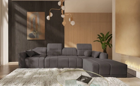 Rohová sedací souprava s funkcí spaní Cetara XII šedohnědá pravostranná stylový design pohodlná posuvná opěradla dvě nádoby na lůžkoviny
