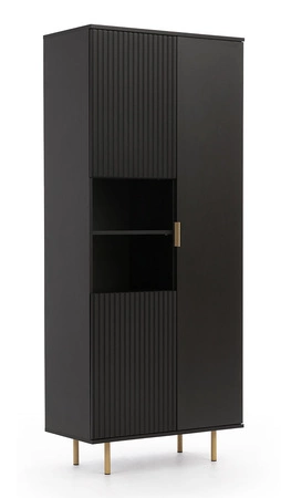 Sada nábytku do obývacího pokoje Sula černá obohacená o kovové úchytky dekorativní drážkované přední části systém push to open