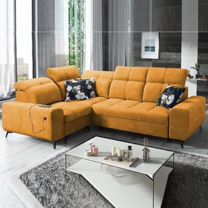 Rohová pohovka s funkcí spaní Buffalo II žlutá levá Funkční a stylová rohová pohovka s nastavitelnými opěrkami hlavy