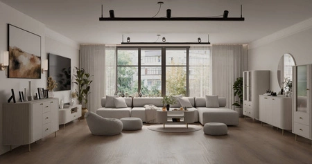 RTV skříňka Ovalio 181 cm béžová netradiční TV skříňka do obývacího pokoje kovové dekorativní doplňky frézování