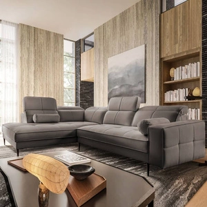 Rohová sedací souprava Samos šedá levá moderní design jednoduchý a stylový korpus, který se hodí do každého interiéru nastavitelné opěrky hlavy