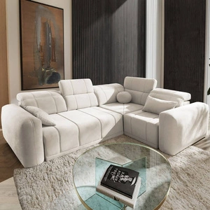 Rohová sedací souprava s funkcí spaní Cetara II krémová pravá strana stylový design posuvné opěradlo nastavitelné opěrky hlavy a zásobník na lůžkoviny