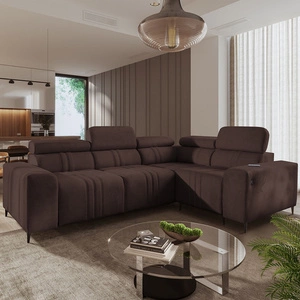 Rohová pohovka s funkcí spaní Castel II hnědá pravá pohodlná rohová pohovka s nastavitelnými opěrkami hlavy kontejner na lůžkoviny