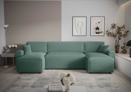 Rohová sedací souprava s funkcí spaní Brandon U Bis patinovaná nádoba na lůžkoviny trojrozměrná látka s výraznými pruhy měkké područky