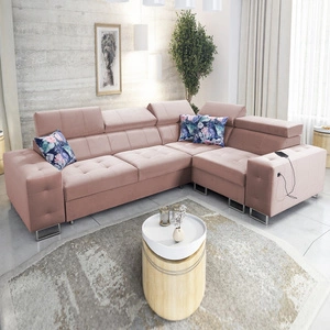 Rohová sedací souprava s funkcí spaní Hampton II quartz pink pravá strana stylové rohové rozkládací pohovky měkká sametová potahová látka