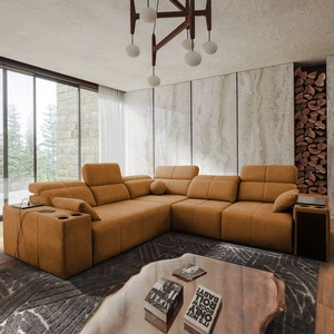 Rohová sedací souprava s funkcí spaní Tesalia III med pravá pohodlná rohová sedací souprava s posuvným opěradlem dvě nádoby na lůžkoviny