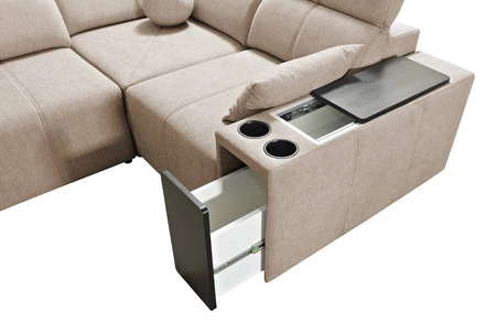 Rohová pohovka s funkcí spaní Tesalia II Lux béžová pravá pohodlná rohová pohovka s posuvným opěradlem a výsuvnou podnožkou