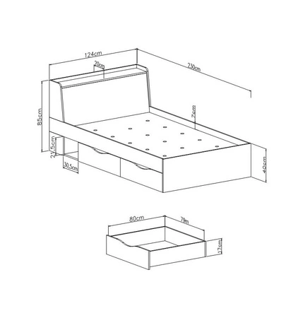 Postel se zásuvkami Dzeta 120x200 cm dub / antracit moderní design lemování postele zakončené speciální ABS dýhou úložný prostor v čele postele