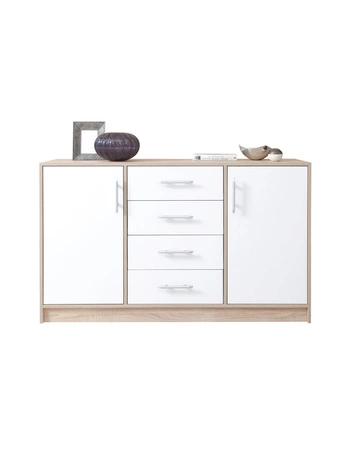 Komoda Caspe 140 cm světlý dub sonoma / bílá moderní designový nábytek Hrana komody se speciální ABS dýhou