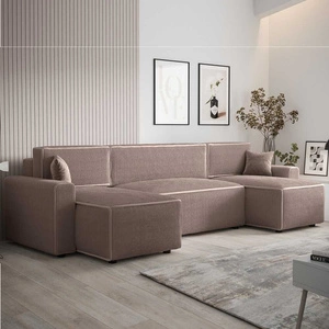 Rohová sedací souprava s funkcí spaní Brandon U Bis světle hnědý kontejner na ložní prádlo trojrozměrná látka s výraznými pruhy měkké područky