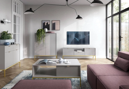 Nábytková sestava Lovro šedá moderní designová nástěnná skříňka do obývacího pokoje nebo zasedací místnosti obohacená o zlaté kovové doplňky
