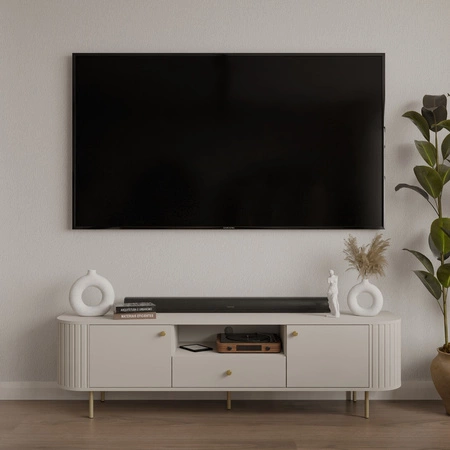 RTV skříňka Ovalio 181 cm béžová netradiční TV skříňka do obývacího pokoje kovové dekorativní doplňky frézování