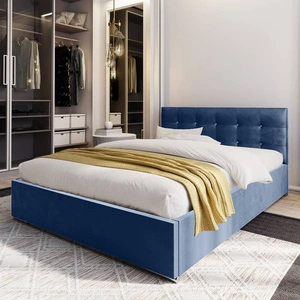 Čalouněná postel Mona 180x200 modrá s úložným boxem v moderním skandinávském stylu s prošívaným podhlavníkem s krystaly