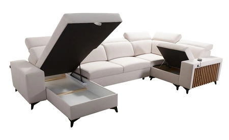 Rohová sedací souprava s funkcí spaní Kelly IV světle béžová levá sametová pohodlná rohová sedací souprava nastavitelné opěrky hlavy boční čalounění s lištami