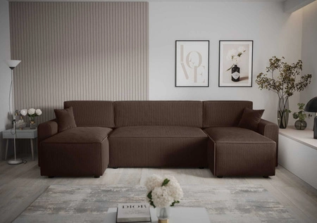 Rohová sedací souprava s funkcí spaní Brandon U Bis hnědý kontejner na lůžkoviny trojrozměrná látka s výraznými pruhy měkké područky