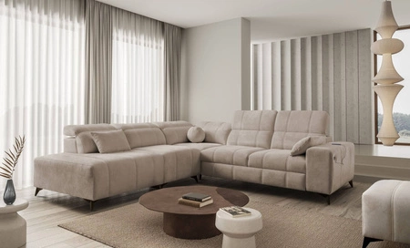 Rohová sedací souprava s funkcí spaní Penejos IX tmavě béžová levá strana stylová rohová sedací souprava s kontejnery na lůžkoviny pohodlné nastavitelné opěrky hlavy