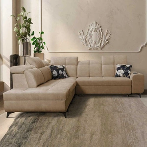 Rohová sedací souprava s funkcí spaní Buffalo IX tmavě béžová levá strana stylová rohová sedací souprava do pokoje z velurové tkaniny dekorativní polštáře